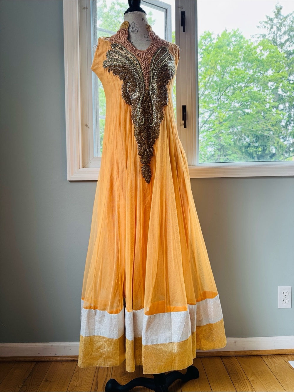 anarkali gown peach mesh halter neck design beading and Dupatta (shawl) small - Picture 1 of 14